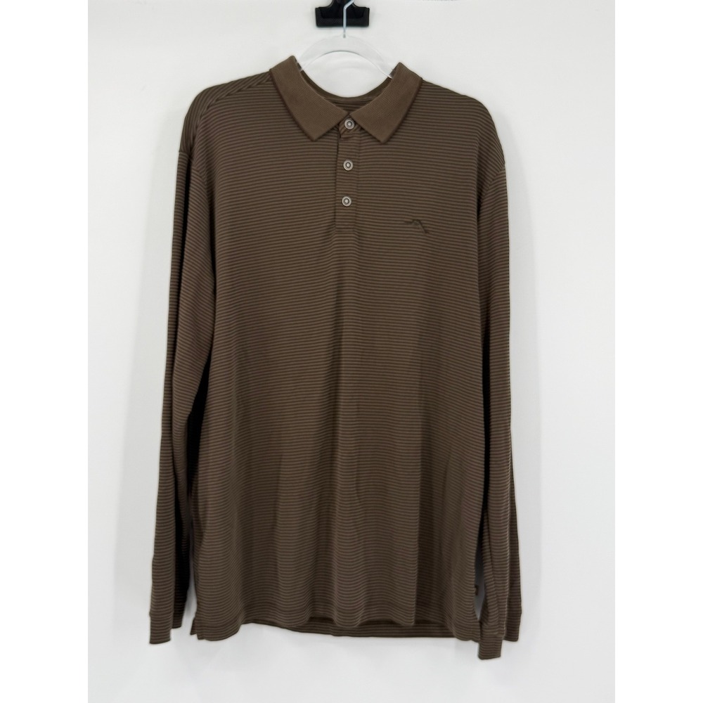 Tommy Bahama Mens XL Brown Micro Striped Long Sleeve Polo Shirt Modal Blend